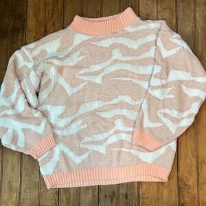 Vintage 80s sweater acrylic mock neck Jaguar lurex silver and pink size large